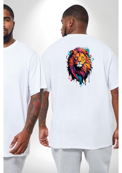 Renkli Yağlı Boya Aslan Büyük Beden Beyaz Tişört Kadın Erkek Ünisex Sırt Baskılı fiyatları