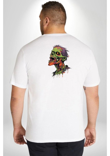 Zombi Kafası Büyük Beden Beyaz Tişört Kadın Erkek Ünisex Sırt Baskılı