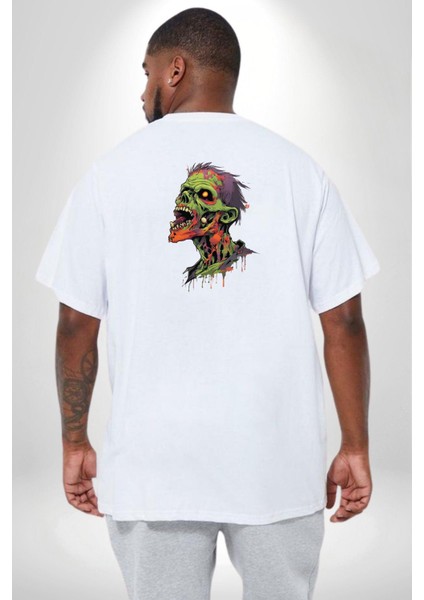 Zombi Kafası Büyük Beden Beyaz Tişört Kadın Erkek Ünisex Sırt Baskılı fırsatları