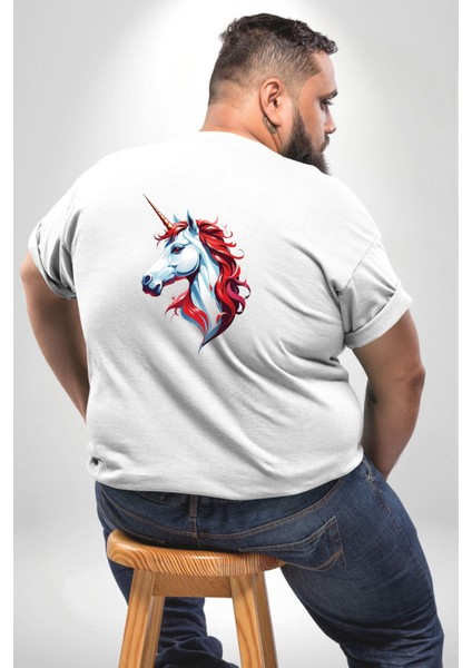 Unicorn Tek Boynuzlu At Büyük Beden Beyaz Tişört Kadın Erkek Ünisex Sırt Baskılı