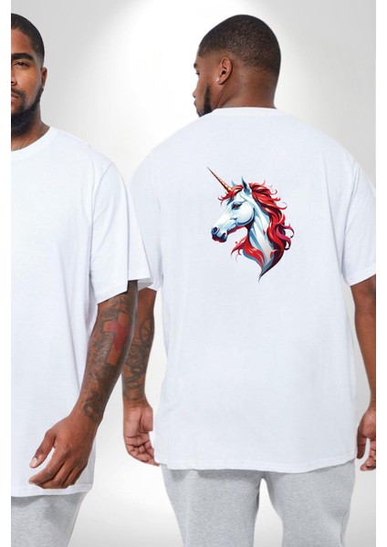 Unicorn Tek Boynuzlu At Büyük Beden Beyaz Tişört Kadın Erkek Ünisex Sırt Baskılı