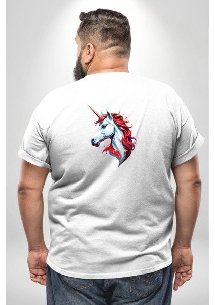 Unicorn Tek Boynuzlu At Büyük Beden Beyaz Tişört Kadın Erkek Ünisex Sırt Baskılı