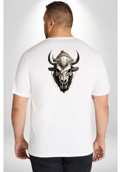 Bizon Inek Kafatası Kurumuş Büyük Beden Beyaz Tişört Kadın Erkek Ünisex Sırt Baskılı