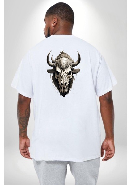 Bizon Inek Kafatası Kurumuş Büyük Beden Beyaz Tişört Kadın Erkek Ünisex Sırt Baskılı fırsatları