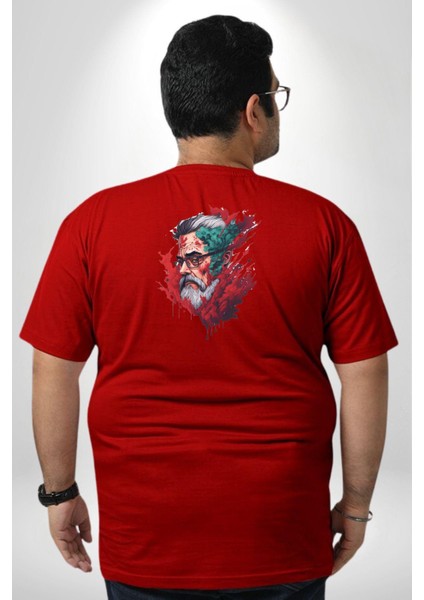 Santa Cool Gözlüklü Büyük Beden Kırmızı Tişört Kadın Erkek Ünisex Sırt Baskılı