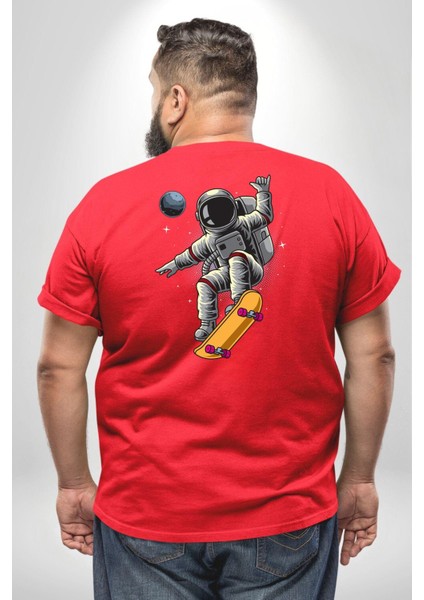 Atronot Kaykay Uzay Mars Büyük Beden Kırmızı Tişört Kadın Erkek Ünisex Sırt Baskılı