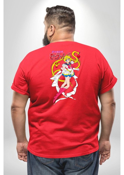 Sailor Moon Anime Usagi Tsukino Büyük Beden Kırmızı Tişört Kadın Erkek Ünisex Sırt Baskılı