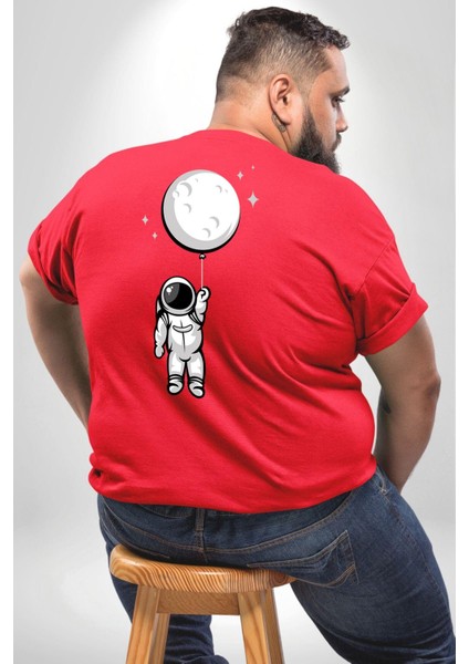 Astronot Ay Balon Büyük Beden Kırmızı Tişört Kadın Erkek Ünisex Sırt Baskılı