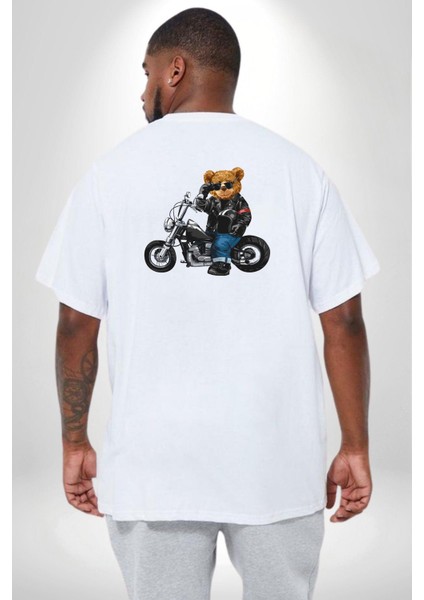 Kask Güneş Gözlüğü Motor Ayı Büyük Beden Beyaz Tişört Kadın Erkek Ünisex Sırt Baskılı