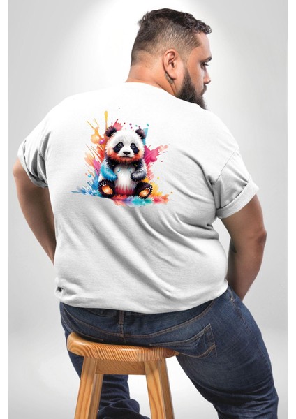 Renkli Yavru Panda Büyük Beden Beyaz Tişört Kadın Erkek Ünisex Sırt Baskılı