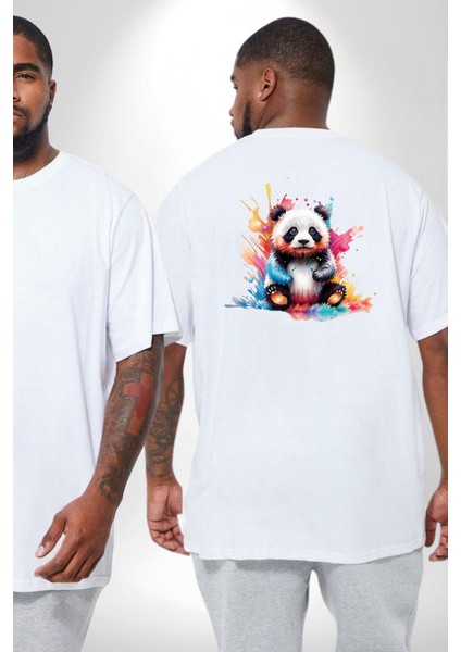 Renkli Yavru Panda Büyük Beden Beyaz Tişört Kadın Erkek Ünisex Sırt Baskılı fiyatları