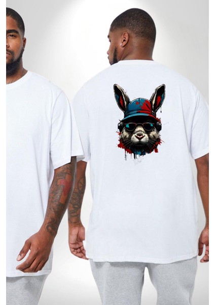Müzik Şapka Gözlük Takan Tavşan Büyük Beden Beyaz Tişört Kadın Erkek Ünisex Sırt Baskılı fiyatları