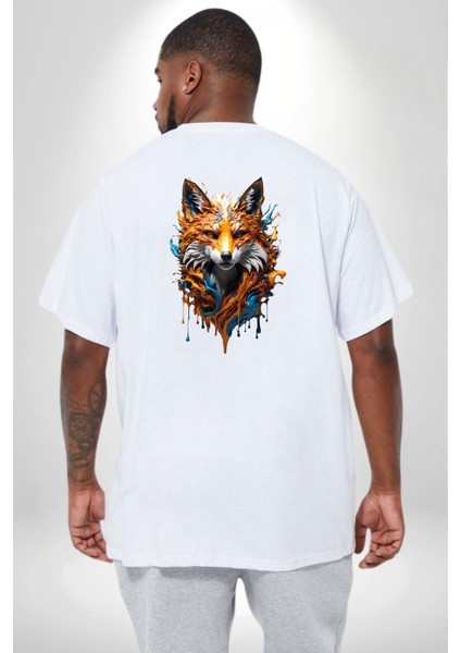 Renkli Sulu Boya Kurt Yapay Zeka Tasarımı Büyük Beden Beyaz Tişört Kadın Erkek Ünisex Sırt Baskılı
