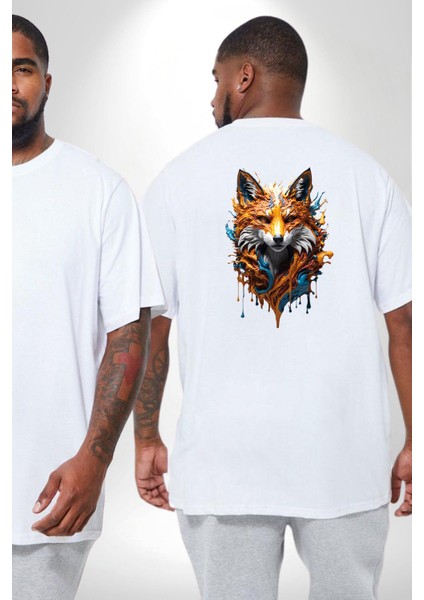 Renkli Sulu Boya Kurt Yapay Zeka Tasarımı Büyük Beden Beyaz Tişört Kadın Erkek Ünisex Sırt Baskılı fiyatları