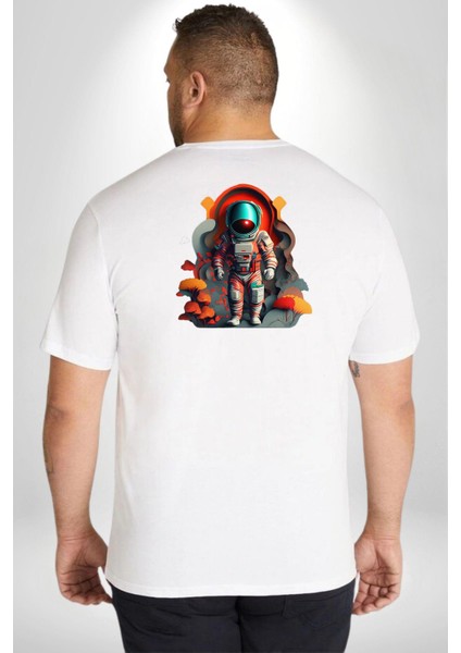 Astronot Yapay Zeka Yürüyüş Büyük Beden Beyaz Tişört Kadın Erkek Ünisex Sırt Baskılı