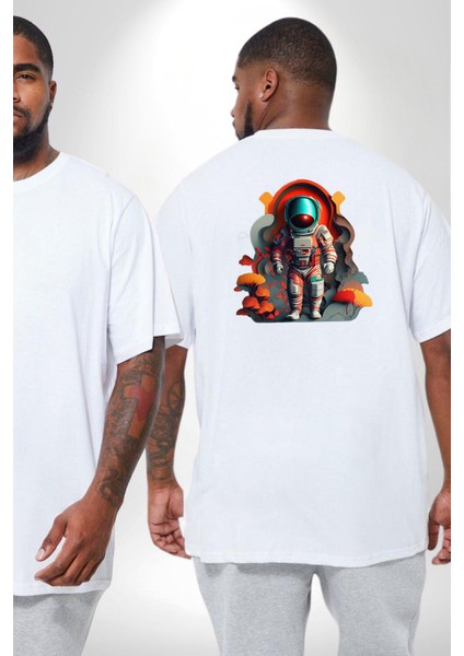 Astronot Yapay Zeka Yürüyüş Büyük Beden Beyaz Tişört Kadın Erkek Ünisex Sırt Baskılı fiyatları