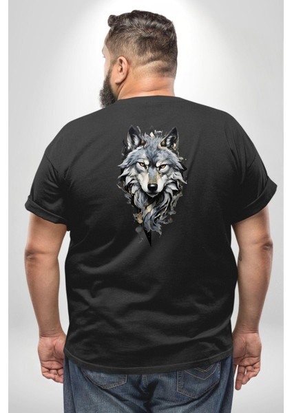 Beyaz Kurt Büyük Beden Siyah Tişört Kadın Erkek Ünisex Sırt Baskılı fırsatları