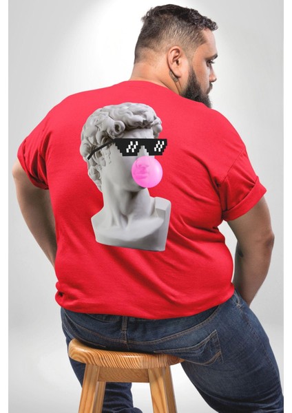 Gözlüklü David'İn Kafasının Alçı Heykeli Büyük Beden Kırmızı Tişört Kadın Erkek Ünisex Sırt Baskılı