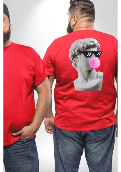 Gözlüklü David'İn Kafasının Alçı Heykeli Büyük Beden Kırmızı Tişört Kadın Erkek Ünisex Sırt Baskılı fiyatları