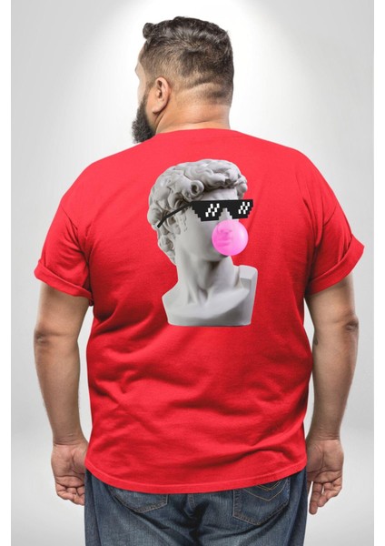 Gözlüklü David'İn Kafasının Alçı Heykeli Büyük Beden Kırmızı Tişört Kadın Erkek Ünisex Sırt Baskılı fırsatları
