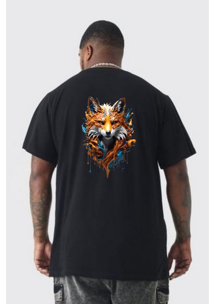 Renkli Sulu Boya Kurt Yapay Zeka Tasarımı Büyük Beden Siyah Tişört Kadın Erkek Ünisex Sırt Baskılı