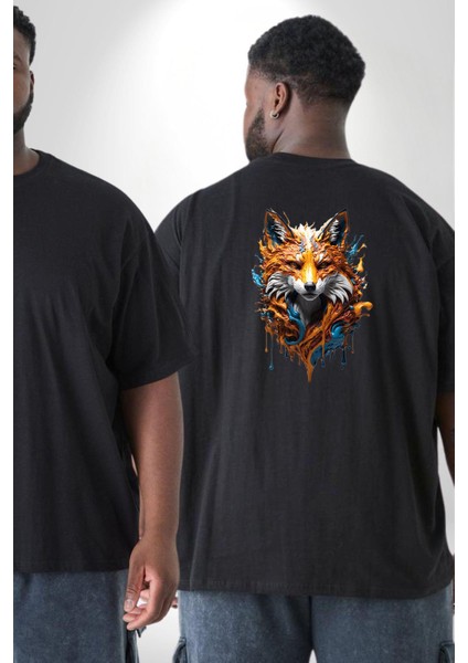 Renkli Sulu Boya Kurt Yapay Zeka Tasarımı Büyük Beden Siyah Tişört Kadın Erkek Ünisex Sırt Baskılı fiyatları