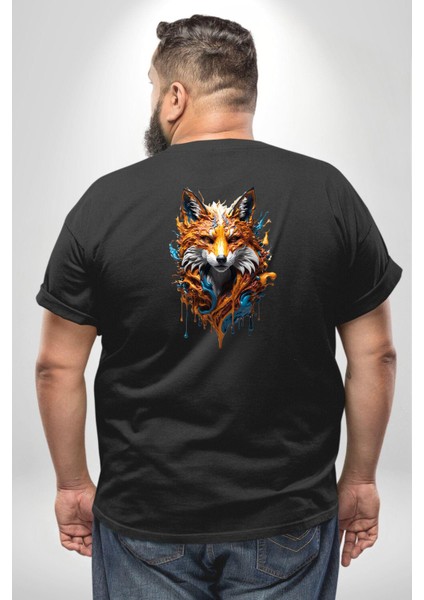 Renkli Sulu Boya Kurt Yapay Zeka Tasarımı Büyük Beden Siyah Tişört Kadın Erkek Ünisex Sırt Baskılı fırsatları