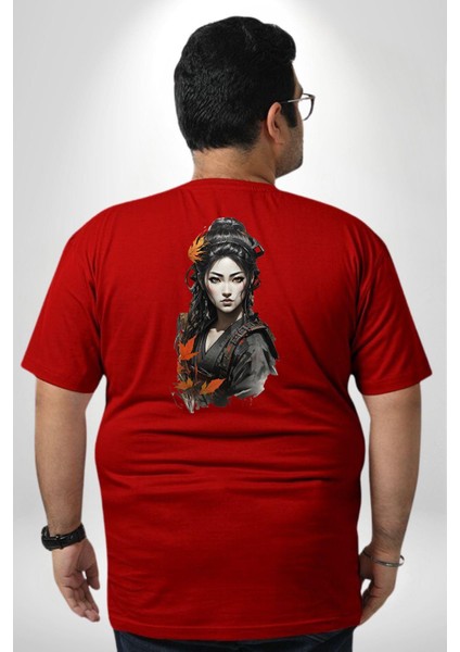 Japon Asyalı Samuray Kadın Büyük Beden Kırmızı Tişört Kadın Erkek Ünisex Sırt Baskılı