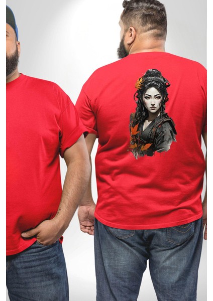 Japon Asyalı Samuray Kadın Büyük Beden Kırmızı Tişört Kadın Erkek Ünisex Sırt Baskılı fiyatları