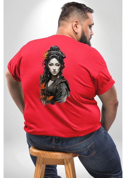 Japon Asyalı Samuray Kadın Büyük Beden Kırmızı Tişört Kadın Erkek Ünisex Sırt Baskılı fırsatları