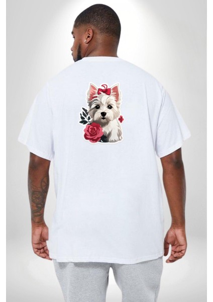 Beyaz Highland Teriyeri Beyaz Gül Büyük Beden Beyaz Tişört Kadın Erkek Ünisex Sırt Baskılı