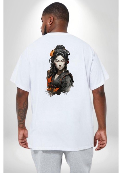 Japon Asyalı Samuray Kadın Büyük Beden Beyaz Tişört Kadın Erkek Ünisex Sırt Baskılı