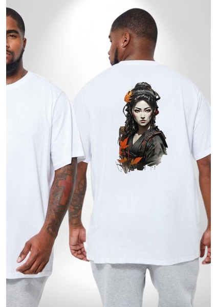 Japon Asyalı Samuray Kadın Büyük Beden Beyaz Tişört Kadın Erkek Ünisex Sırt Baskılı fiyatları