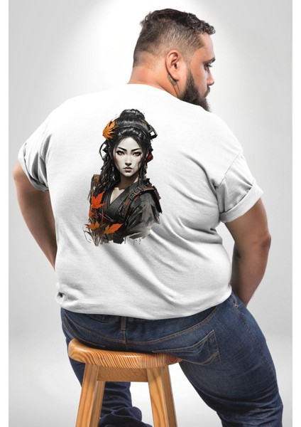 Japon Asyalı Samuray Kadın Büyük Beden Beyaz Tişört Kadın Erkek Ünisex Sırt Baskılı fırsatları