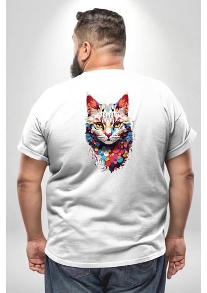 Renki Kedi Sarı Gözlü Tekir Büyük Beden Beyaz Tişört Kadın Erkek Ünisex Sırt Baskılı