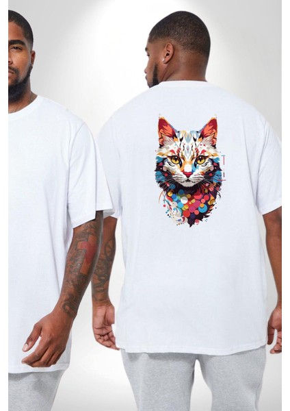 Renki Kedi Sarı Gözlü Tekir Büyük Beden Beyaz Tişört Kadın Erkek Ünisex Sırt Baskılı fiyatları