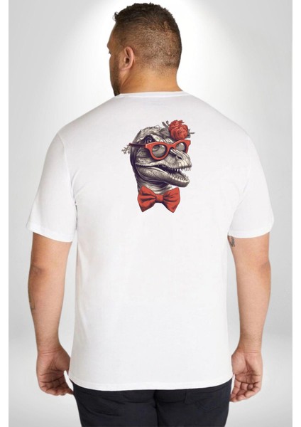 Beyaz Gözlük Papyon Dinazor Büyük Beden Beyaz Tişört Kadın Erkek Ünisex Sırt Baskılı