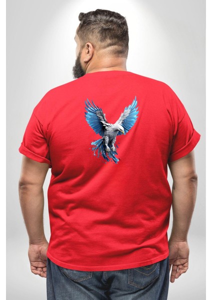 Mavi Beyaz Kartal Kuş Büyük Beden Kırmızı Tişört Kadın Erkek Ünisex Sırt Baskılı