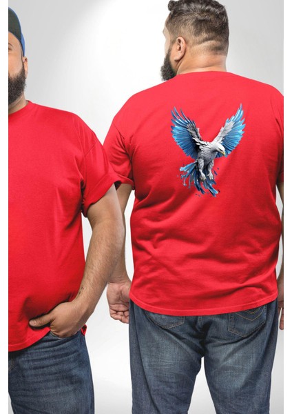 Mavi Beyaz Kartal Kuş Büyük Beden Kırmızı Tişört Kadın Erkek Ünisex Sırt Baskılı fiyatları