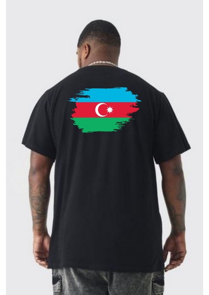 Azerbeycan Bayrağı Büyük Beden Siyah Tişört Kadın Erkek Ünisex Sırt Baskılı