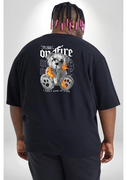 Ateşli Teddy Büyük Beden Siyah Tişört Kadın Erkek Ünisex Sırt Baskılı