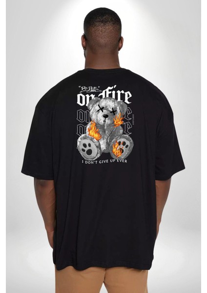 Ateşli Teddy Büyük Beden Siyah Tişört Kadın Erkek Ünisex Sırt Baskılı fırsatları