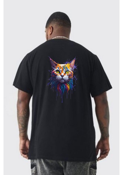 Şimşek Yağmur Kedi Büyük Beden Siyah Tişört Kadın Erkek Ünisex Sırt Baskılı