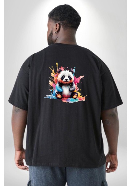 Renkli Yavru Panda Büyük Beden Siyah Tişört Kadın Erkek Ünisex Sırt Baskılı