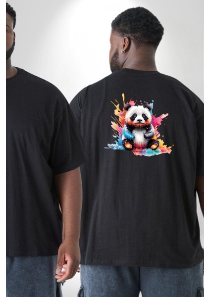 Renkli Yavru Panda Büyük Beden Siyah Tişört Kadın Erkek Ünisex Sırt Baskılı fiyatları