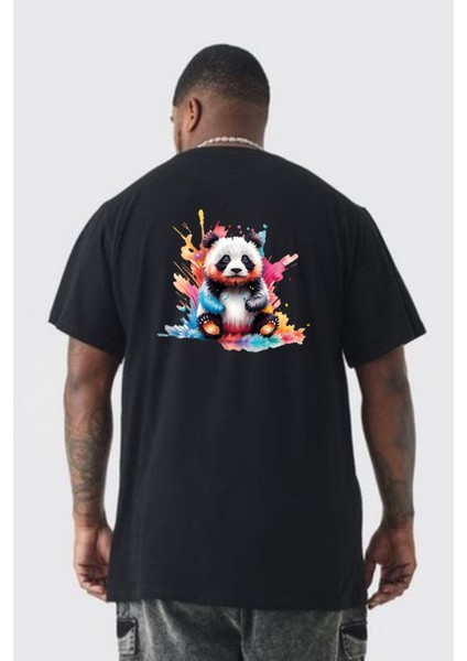 Renkli Yavru Panda Büyük Beden Siyah Tişört Kadın Erkek Ünisex Sırt Baskılı fırsatları