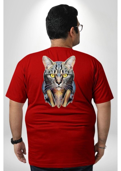 Kulaklık Kedi Büyük Beden Kırmızı Tişört Kadın Erkek Ünisex Sırt Baskılı fırsatları