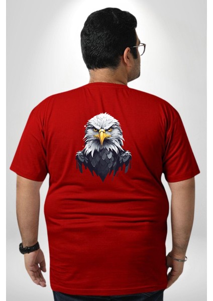 Kırmızı Beyaz Şahin Kafası Büyük Beden Kırmızı Tişört Kadın Erkek Ünisex Sırt Baskılı