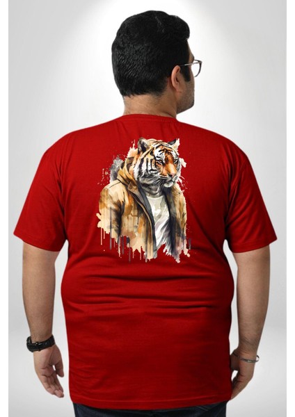 Cool Yakışıklı Kapüşonlu Spor Kaplan Büyük Beden Kırmızı Tişört Kadın Erkek Ünisex Sırt Baskılı