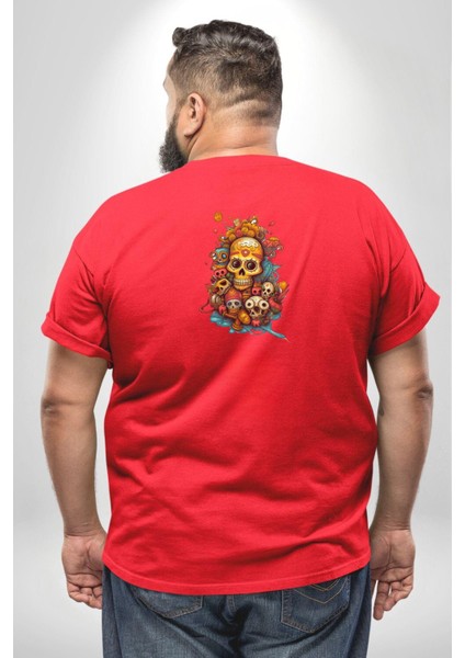 Renkli Kurukafa Hippi Büyük Beden Kırmızı Tişört Kadın Erkek Ünisex Sırt Baskılı fırsatları